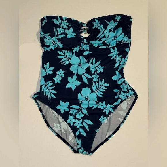 🌻LEILANI Strapless Blue Tropical Floral Print OnePiece Swimsuit Women's size 12 - Picture 1 of 5